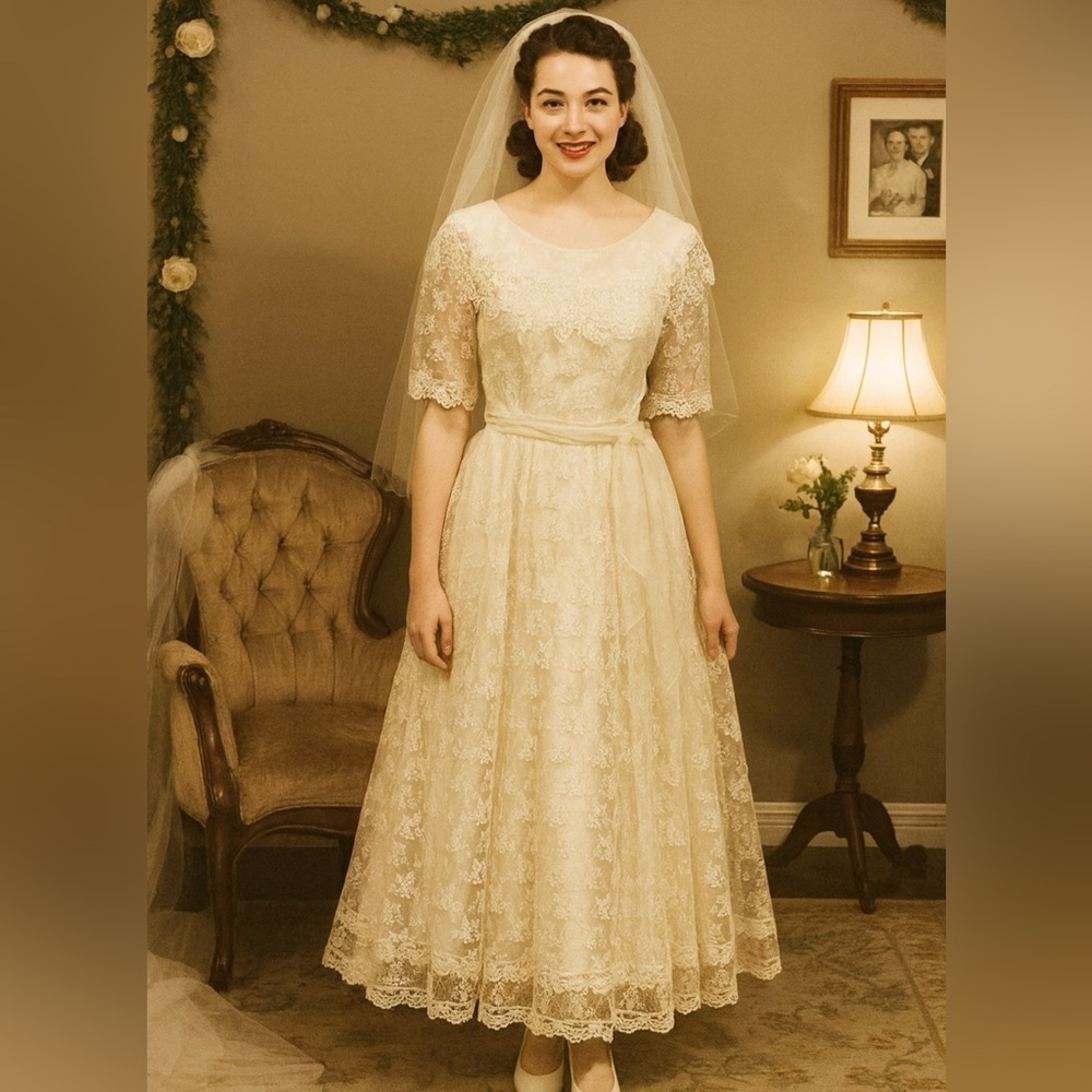 Scott McClintock Vintage lace ivory wedding dress organza silk crochet detail, S